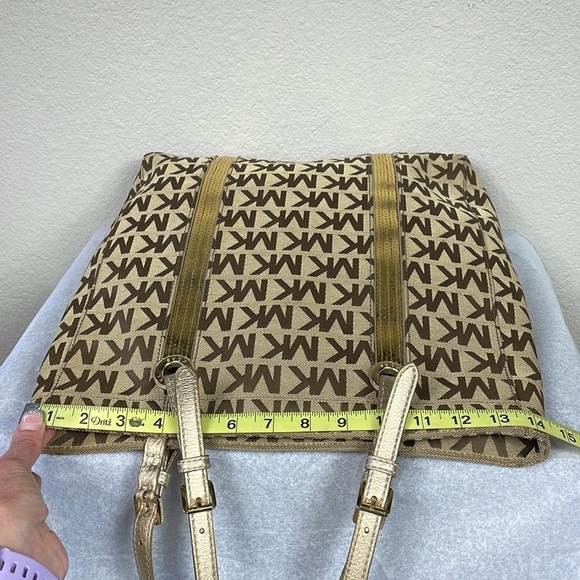 Michael Michael Kors Sequin Gold Tan Logo Large Shopper Tote Bag - Picture 8 of 13